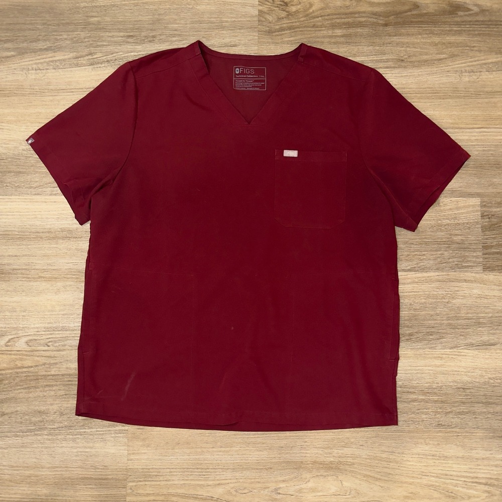 FIGS Three Pocket Scrub Top‎ Mens XXL Burgundy Medical V Neck Stretch